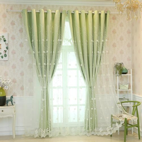 Epinki 2er Pack Vorhang Gardine Fenster Ösenschal, Vorhänge Gardinen Blickdicht Blumen Gestickt Doppelschicht Verdunkelungsvorhang Extra Breit Polyester Schals für Wohnzimmer Grün H138 x B102 cm