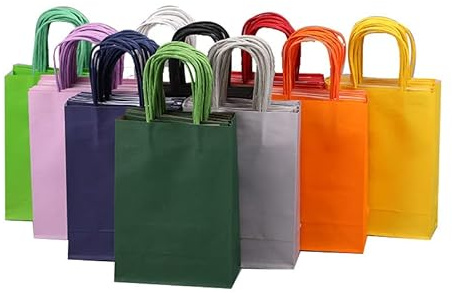 20 stycken kraftpapperspåsar med handtag (21 x 15 x 8 cm) – liten presentförpackning i 10 färger, mångsidig för fest, hantverk och förvaring