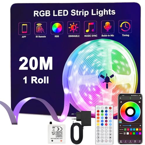 Anmossi Ruban Led 20m,24V RVB Bande LED avec Télécommande et Bluetooth APP,Synchronisation de la Musique, Mode Minuterie,Flexible Multicolore Bande LED pour Salon,Chambre,Fête,Festival,Mariage