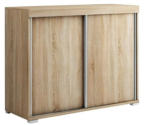 Meble Slupia Kommode Diego mit Schiebetüren - 80 cm Breit - Modern Robust - für Schlafzimmer, Flur, Wohnzimmer - Holzwerkstoff - Sonoma Eiche