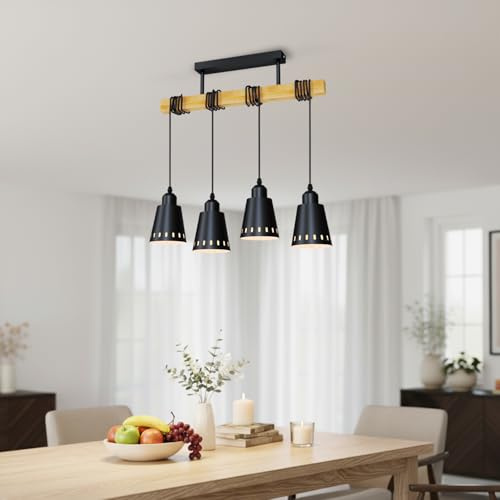 LVWIT Pendelleuchte Hängende Esstischlampe 4 Flammig, E27 Hängelampe Schwarz, Holz Pendelleuchte Decke Wohnzimmer, Küchenlampe Hängend, Hängeleuchte Höhenverstellbar Esstisch (ohne Glühbirnen)