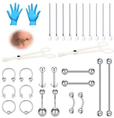 WillTen Piercing Set für alle Piercings, Einweg 12G 13G 14G 15G Piercing Tool Clamps Taper für Septum Bauchnabel Lippen Zunge Knorpel Ohr Tragus Helix Piercing zu Hause Piercing Kit