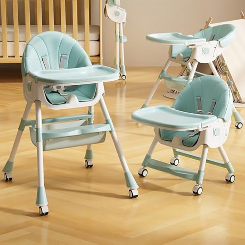 Hochstuhl Baby 6in1 Kinderhochstuhl- Verstellbar Klappbar Hochstuhl Baby mit Essbrett und Rollen,Korb - Grün