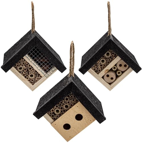 Sustania Insektenhotel 3er Set - Natürliche Holz Bienenhotels mit Bambus und Aufhängung - Triangulares Dach Design für Garten und Balkon - Umweltfreundlich