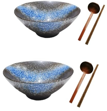 Ceramic Japanese Ramen Bowl Noodles Bowls for Soup Pho Udon Soba Salad Snack Cereal Dishes with Spoons Chopsticks 1300ml Gift Set (Cosmic Ocean)