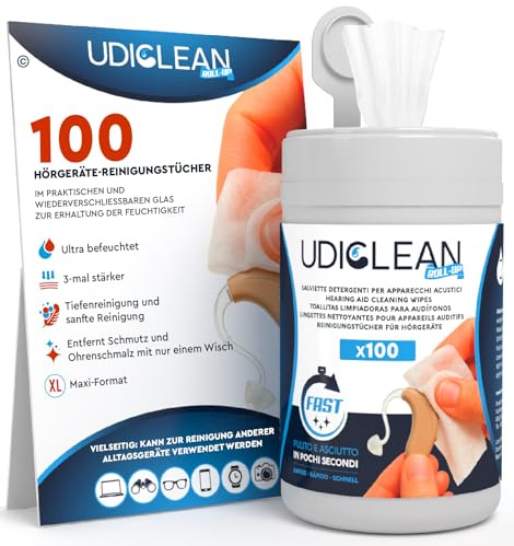 100 Hörgerätetücher Reinigung Udiclean Roll-Up - Wiederverschließbarer Tiegel Speichert Feuchtigkeit - Maxi und Langlebige Tücher Tiefenreinigung und Sanfte Reinigung