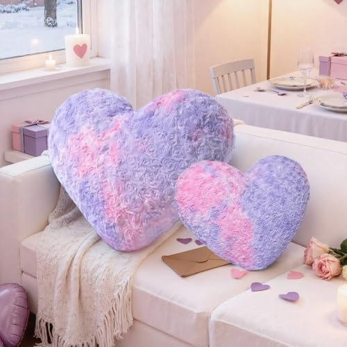Lanpn Lot de 2 Pièces Coussin en Forme de cœur, Violet-Rose Coussin décoratif en Forme de cœur Coussins Décoration Canapé pour Saint-Valentin Salon Chambre à Coucher (Violet-Rose, 42x31cm/36x27cm)