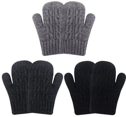 QKURT 3 paia di guanti per bambini, guanti invernali caldi a dita intere, foderati in pile, termici, elasticizzati, in maglia, unisex, guanto magici per bambine e bambini di 1-5 anni