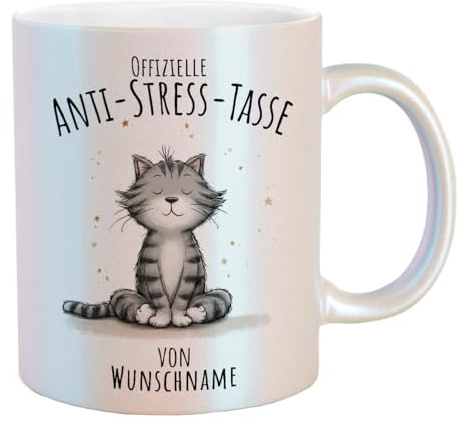 Birne 3-design - bedruckte Tasse - Offizielle Anti-Stress-Tasse mit Katze - personalisierte Kaffeetasse mit Wunschnamen - 330ml - Katzenliebhaber, Kollegen & Freunde (Glitzer)