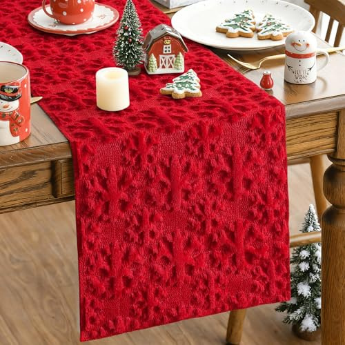 JOTOM Weihnachten Tischläufer, Plüsch Tischband Küche Esstisch Dekoration für Party Wohnzimmer Esszimmer Garten, Innen & Außen Schneeflocken Weihnachtstischdecke Weihnachtsdeko (40x140cm, Rot)