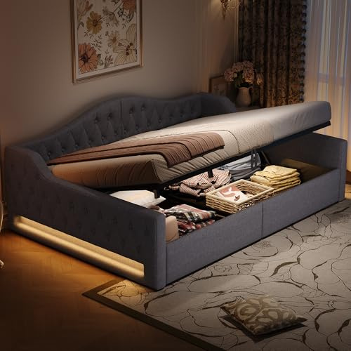 ZIDEY Polsterbett Schlafsofa 140x200 mit LED und Lattenrost, Hydraulische Tagesbett Sofabett Funktionsbett Daybett, ohne Matratze, Grau
