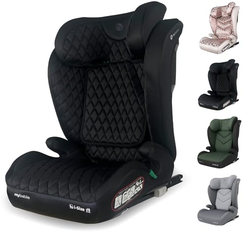 My Babiie Highback Booster Car Seat - ISOFIX, 100-150cm (Approx. 4-12 Years, Group 2/3), i-Size R129, Adjustable Child High Back Seat, Padded, 10 Position Headrest - Quilted Black