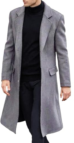 Mäns avslappnade smala trenchcoats klassisk enkelknäppt lång jacka vintage ärtrock med fickor, Grått, XL