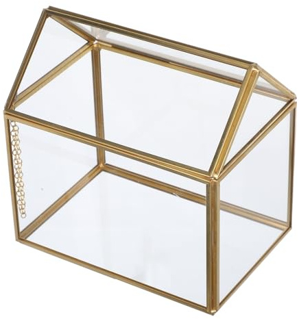 Veemoon Terrario de Cristal para Suculentas con Forma de Casa Dorada, Pequeño Invernadero Interior Geométrico de Vidrio para Plantas de Mesa y Musgo, Maceta Decorativa para Jardinería