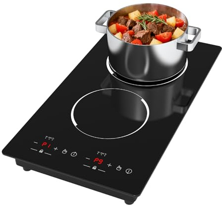 WABK Double Induction Hob, 3000W Portable Electric Hob Plug in 30 cm | 2 Ring Hot Plate with Touch Control, 9 Power Levels, Timer and Child Lock, Domino Cooktop for Small Kitchen, Caravan, Camping