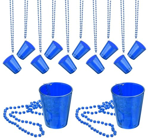 sourcing map 12 Pcs 2 oz Shot Glass Necklaces for Party Accessories,Blue | Shot Cups on Beaded Necklace, Plastic Glass Cups Bead Chain Striped for Favors Birthday Wedding Festival