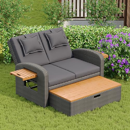 Mrwoo Garten-Lounge-Sessel-Set für 2 Personen, Graues Rattan mit Verstellbarer Rückenlehne und Stützfuß, inkl. Fußhocker, mit komfortablen Rücken und Sitzkissen