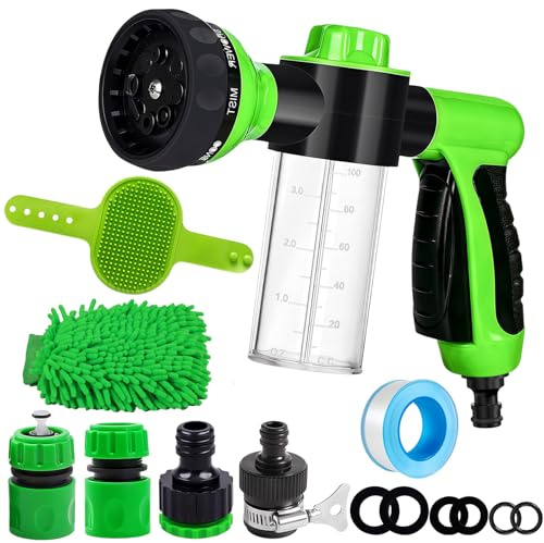 Garden Hose Spray Gun Set with Foam Sprayer, 8 Spray Patterns High Pressure Hose Nozzle, Car Wash Mitt,Pet Bath Brush,Hose Connectors and Sealing Tape for Car Washing,Pet Cleaning,Plant Watering