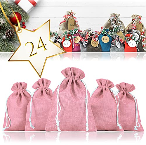 Ganzoo Jutesäckchen 24er Set für Adventskalender zum Selbst Befüllen, Pink, 17,5 x 12,5 cm, Stoffbeutel aus Jute als Geschenksäckchen, für Basteln, Deko, Aufbewahrung