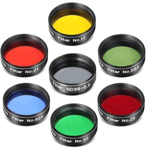 Astromania Telescope Filter Set for 1.25 Inch Eyepiece&Astronomical Telescopes, 7 Pcs Telescope Accessories Color Filter Kit Include Red Yellow Green Blue Moon Filters for Planetary Lunar Observation