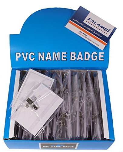 FALAMBI 100 x Namensschilder/Kartenhalter mit Einleger + Clip + Nadel, 90 x 56 mm, Ansteckschild mit Clip
