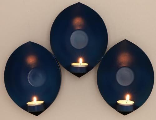 Wandkerzenhalter, Teelichtschalen aus Metall, individuelle Struktur, blau | Lebendige Farben, einfache Wandmontage, zwei Rückseiten-Ösen, matt schwarz