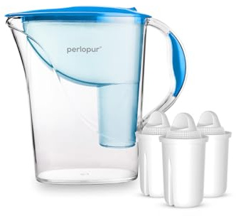 perlopur® Wasserfilter Standard (blau) +3 Filterkartuschen Universal | 2,4 l gesamt, 1,2 l gefiltert, kompakt, stabil, BPA-frei, für classic Kartuschen, reduziert Kalk, Chlor & andere Schadstoffe