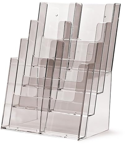 TAYMAR 4C230 Tisch-Prospektständer, Prospektaufsteller im DIN A4 Format (4 Fächer) auf 4 Etagen inkl. Fach-Teilern für eine optionale Umrüstung auf DIN Lang (DL) - trifold mit 8 Fächern – Transparent