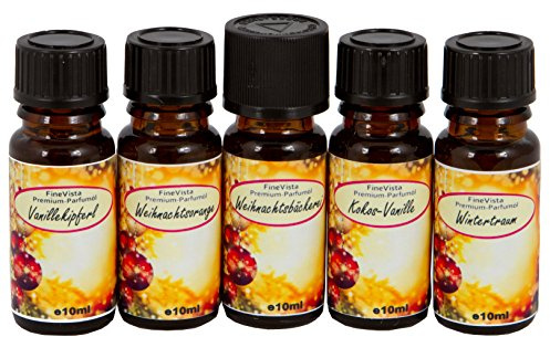 FineVista Doftolja, jul, set om 5 (10 ml) med olika dofter, kokos-vanilj, vinterdröm, vaniljjäst, julbageri, julorange, rumsdoft, dofthandduk