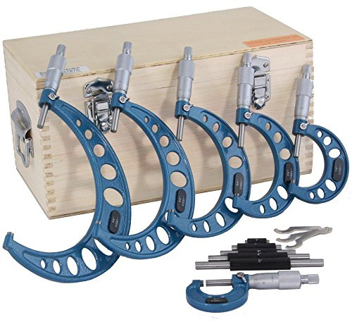 Anytime Tools 0-6 Premium Outside Micrometer Machinist Tool Set Round Frame 0.0001 Precision Vernier Scale with Carbide Tips