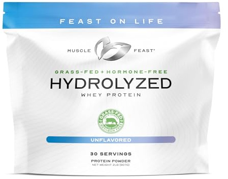Muscle Feast Hydrolyzed Whey Protein Powder, Grass Fed and All Natural Hormone-Free, Hydro Whey Powder for Men and Women, Gluten Free, Non-GMO, Delicious Hydrolyzed Protein Powder, Unflavored, 2lb