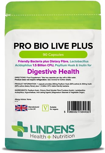 Lindens - Pro Bio Live Plus Dietary Fibre - 90 Capsules - UK Made - Lactobacillus Acidophilus, 1.5 Billion CFU with Psyllium Husk & Inulin, Healthy Digestion - Letterbox Friendly, Vegan