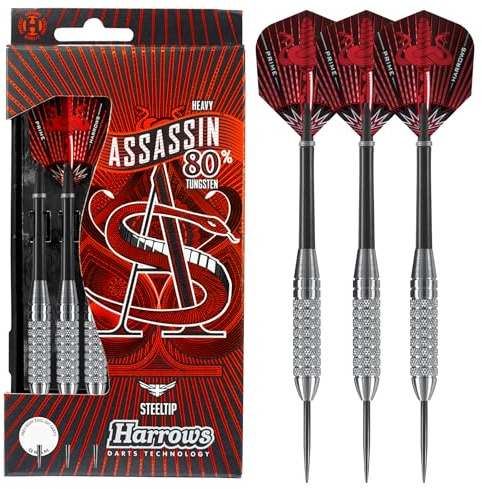 Harrows Assassin Tungsten Pro Darts | Steel Darts Set mit Tragekoffer | 18-40 g, alle Gewichte | Inklusive Alamo Shafts, 100-Micron Prime Flights und Reisekoffer (38g)