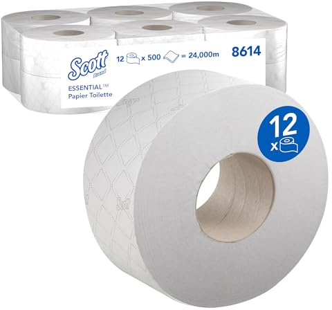 Scott Essential Jumbo Toilet Tissue, 2-Ply White Toilet Paper Rolls, High-Capacity Format for Commercial Use, 12 Rolls with 500 White sheets each (Total 6,000 sheets), Model Nr. 8614