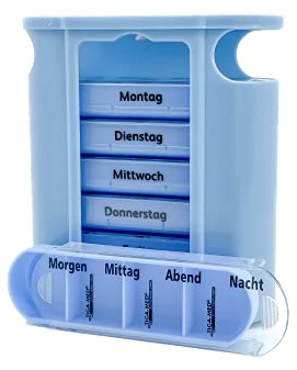 TIGA-MED Medikamentendispenser Premium, Wochendispenser 7 Tage, 7 Schiebefächer mit 4 Kammern pro Tag (morgens/mittags/abends/nachts), Schiebedeckel, Hellblau