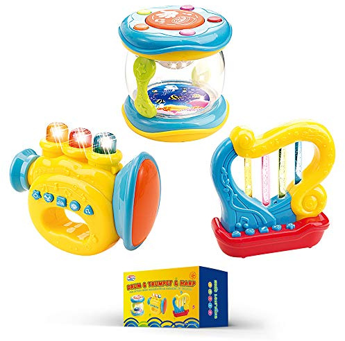 WEofferwhatYOUwant Set Strumenti Musicali Bambini - Tromba, Tamburo, Arpa - Giochi Educativi con Musiche Ninna Nanna, Luci LED, Spegnimento Automatico, Portatile, Regalo Neonati 6+ Mesi
