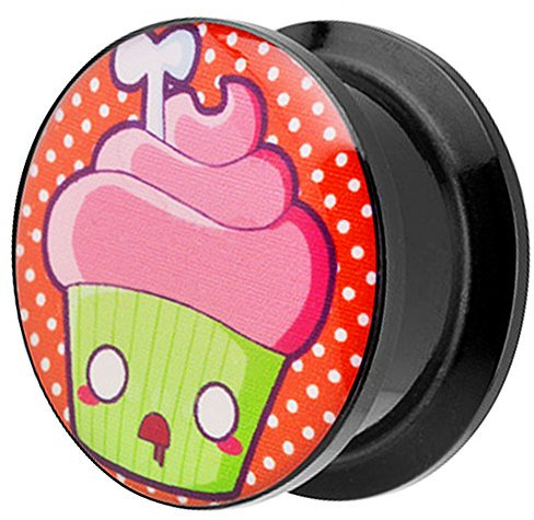 Piersando Ohr Plug Piercing Kunststoff Motiv Comic Picture Flesh Tunnel Ohrplug mit Tote Cupcake Schwarz Rosa Grün 20mm