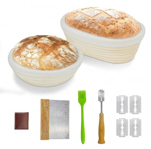 Bread Proofing Basket Set,Round & Oval Sourdough Proving Basket, – 100% Natural Rattan, Round Banneton, Starter Kit with Bread Lame, Dough Scraper & Baking Tools for Home & Professional Bakers