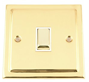Light Switch Single 1 Gang - Victorian Polished Brass - White Insert - Metal Rocker Switch - 10 Amp 1 Gang 2 Way