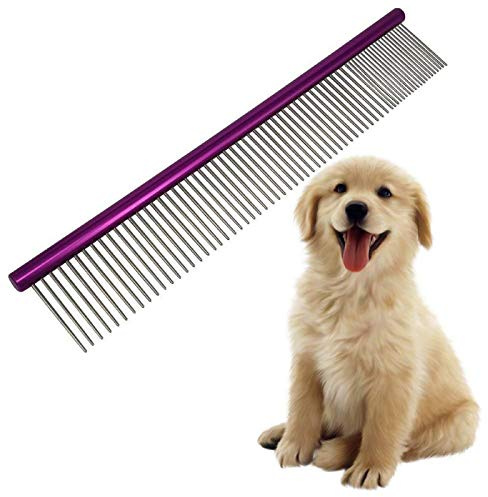 Pet Comb 10 inches Comfortable Grooming Cat Comb with Different-Spaced Rounded Stainless Steel Teeth, Easy Grip and Convenient Grooming Metal Dog Comb for Pets Dog with Medium Coarse Fur - Purple