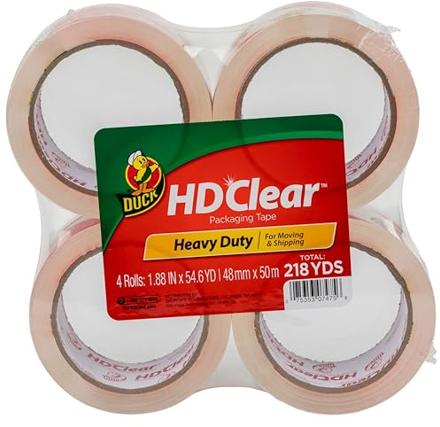 Duck HD Clear Packband Nachfüllpackungen, 4 Rollen robustes Versand- und Umzugsband, transparentes, starkes Verpackungsband für Kartons, Verpackungen und Umzugszubehör, 4 Rollen x 50 m (240378)