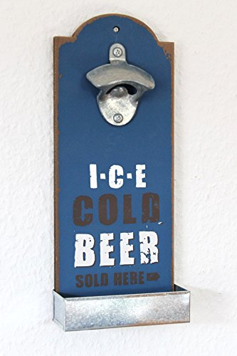 Abrebotellas de pared con chapas Depósito 20003 cerveza abridor 32 cm abrebotellas, Blau Ice cold beer