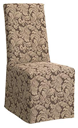 SureFit Scroll Dining Chair Slipcover - Long Skirt and Back Ties, Full Length Relaxed Fit High Back Chair Cover, Perfect for Adding Accents to Your Dining Room, Brown Color
