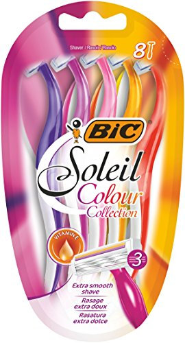 BIC Miss Soleil Colour Collection 3-Blade Razors for Women with Easy Grip Handle and Lubricating Strips, Pack of 8