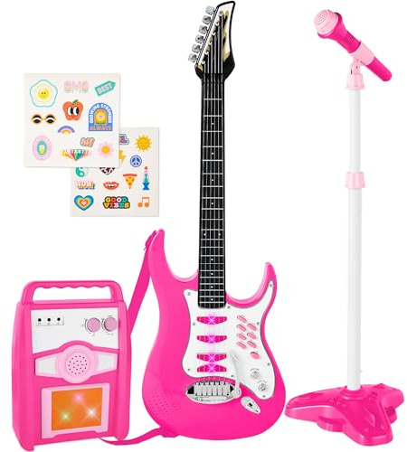 Best Choice Products Toy Kids Guitar Play Set Bundle, Pretend Play Toddler Electric Guitar Kit with Interactive Microphone, Amp, Whammy Bar, 6 Demo Songs and 2 Sticker Sheets - Pink