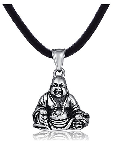 DonDon Herren Halskette Leder 50 cm und Anhänger Buddha aus Edelstahl verpackt in einem schwarzen Samtbeutel