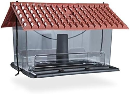 Windhager Vogelfuttersilo Ranch, Vogelfutterhaus, Futterhaus, Vogelhäuschen, Vogelhaus, aus Kunststoff, inklusive Aufhängeschnur, 31 x 22 x 20 cm, 06937, Transparent, Rot