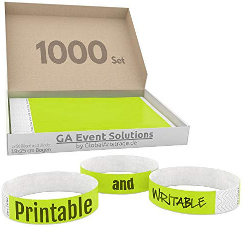 1000 Eintrittsbänder aus Tyvek zum selbst gestalten und bedrucken in Neon Gelb von GA Event Solutions - Party Einlassbänder, Festival Armbänder für dein Event