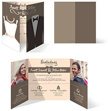 Kartenmachen.de Personalisierte Hochzeitseinladungen ab 10 Stück selbst gestalten mit Fotos und Text - Braut und Bräutigam Altarfalz - Hochzeitskarten in Braun