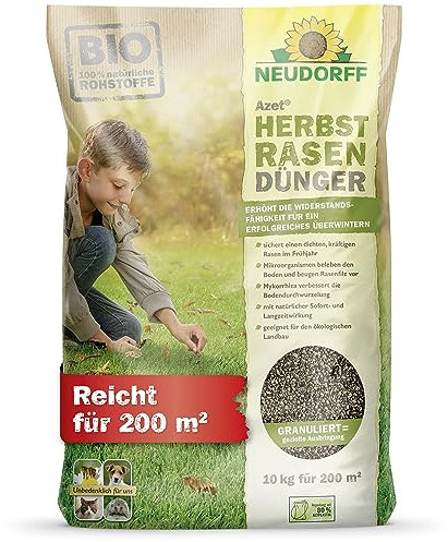 Neudorff Azet HerbstRasenDünger - Organischer Bio-Dünger für 200 m² stärkt die Frosthärte und sorgt für einen dichten, kräftigen Rasen im Frühjahr, 10 kg